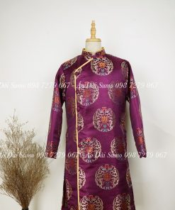 Áo Dài Cách Tân Nam Gấm Tím Tròn