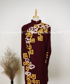 Áo Dài Cách Tân Nam Vẽ Tay Đỏ Đô