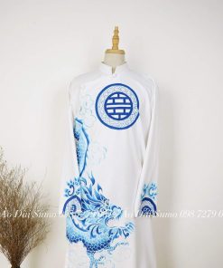 Áo Dài Cách Tân Nam Vẽ Tay Rồng Trắng