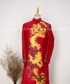 Áo Dài Cách Tân Nam Vẽ Tay Đỏ