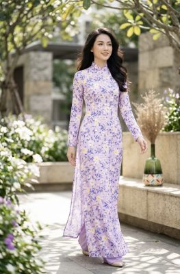 Áo dài hoa nhí màu tím
